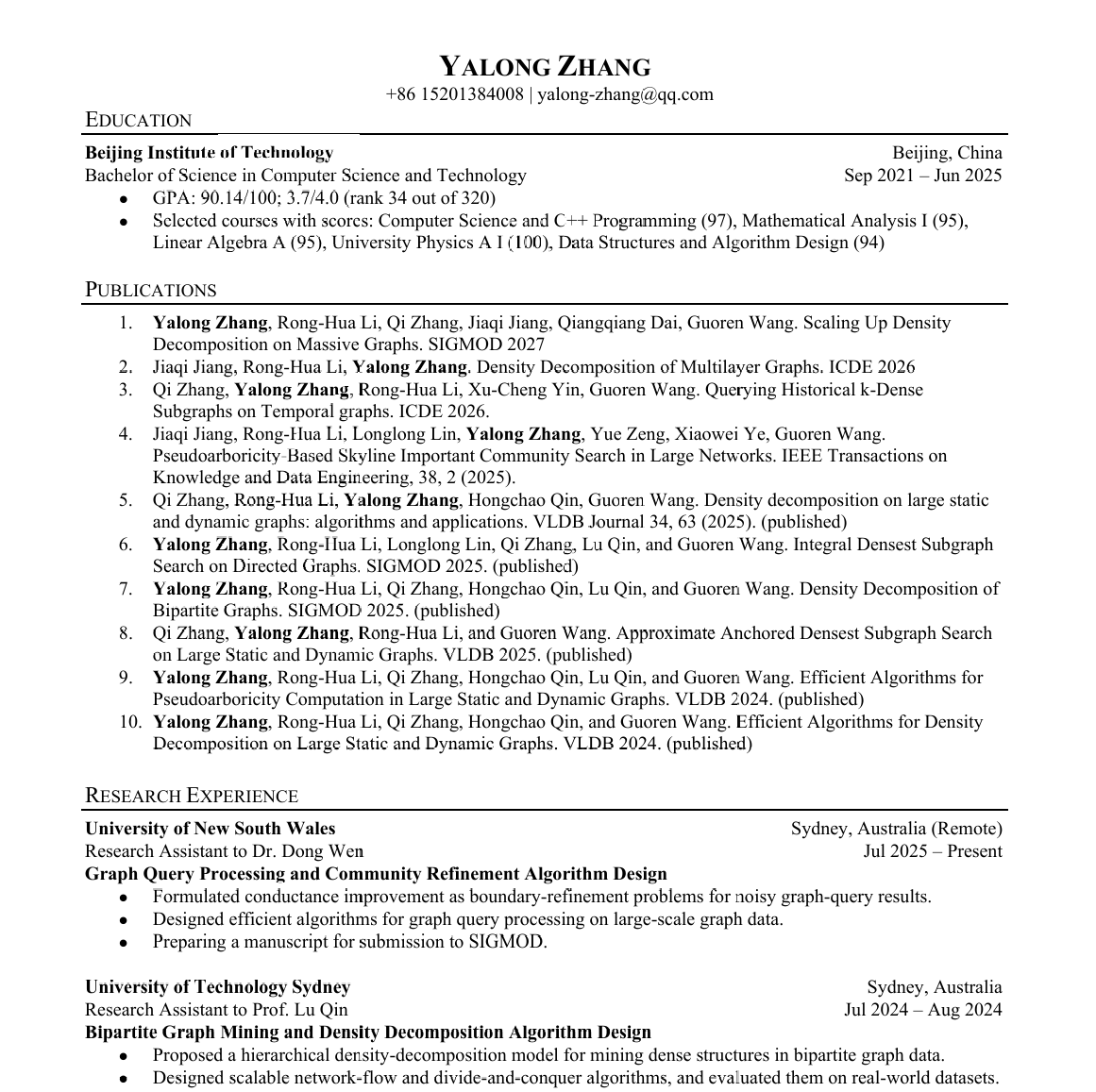 Preview of Yalong Zhang's curriculum vitae